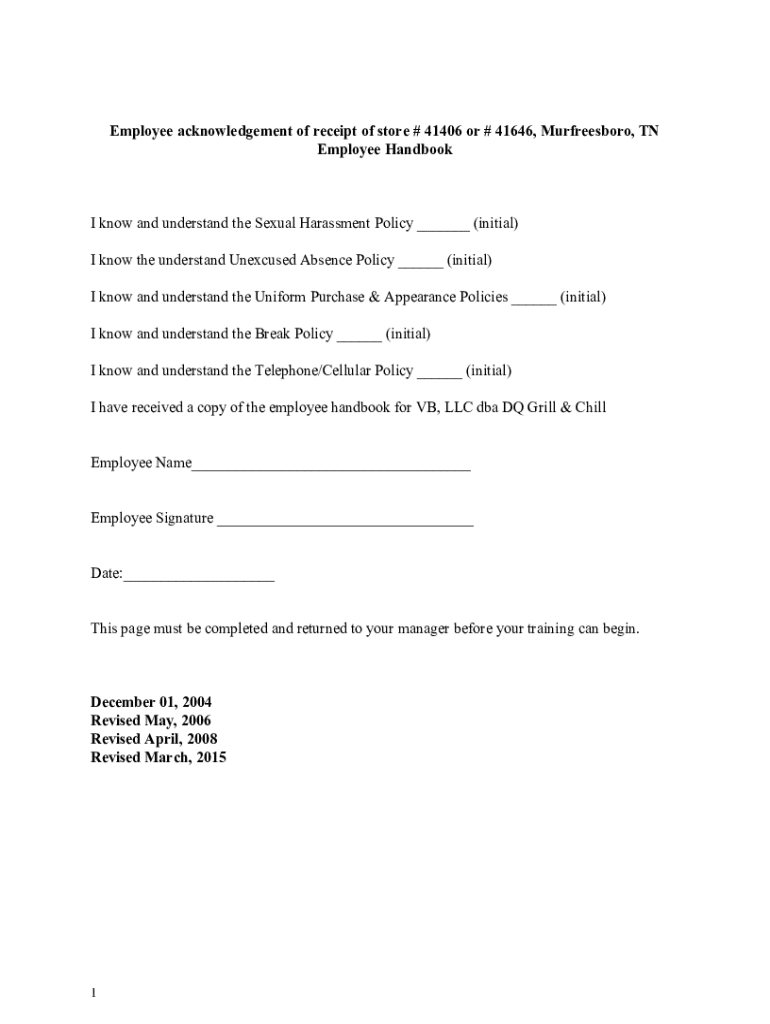 Dairy Queen Employee Handbook  Form