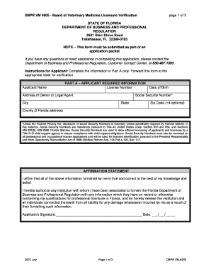 DBPR VM 4905 Board of Veterinary Medicine Licensure Verification  Form