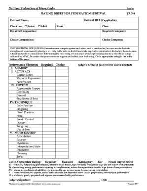  National Federation of Music Clubs RATING SHEET for 2017