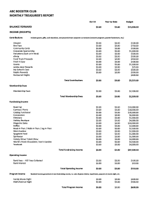 Booster Club Treasurer Report Template  Form