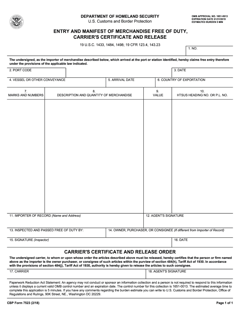  Cbp Form 7523 2018