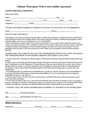 Waiver of Liability Ultimate Watersports  Form