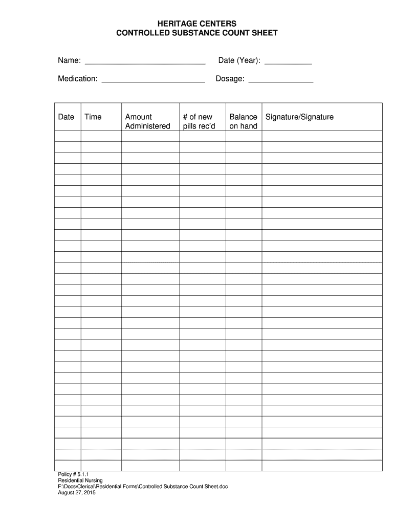 Shift To Shift Narcotic Count Sheet Template Fill Out and Sign