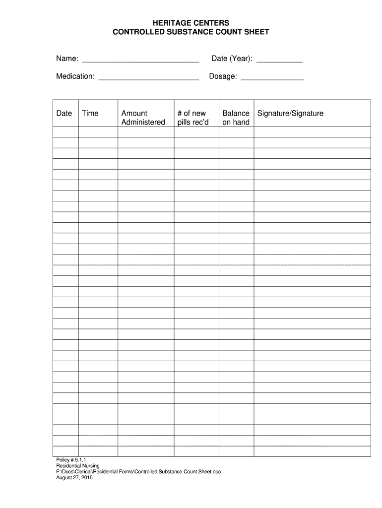 Narcotic Count Sheet Form Fill And Sign Printable Template Online 
