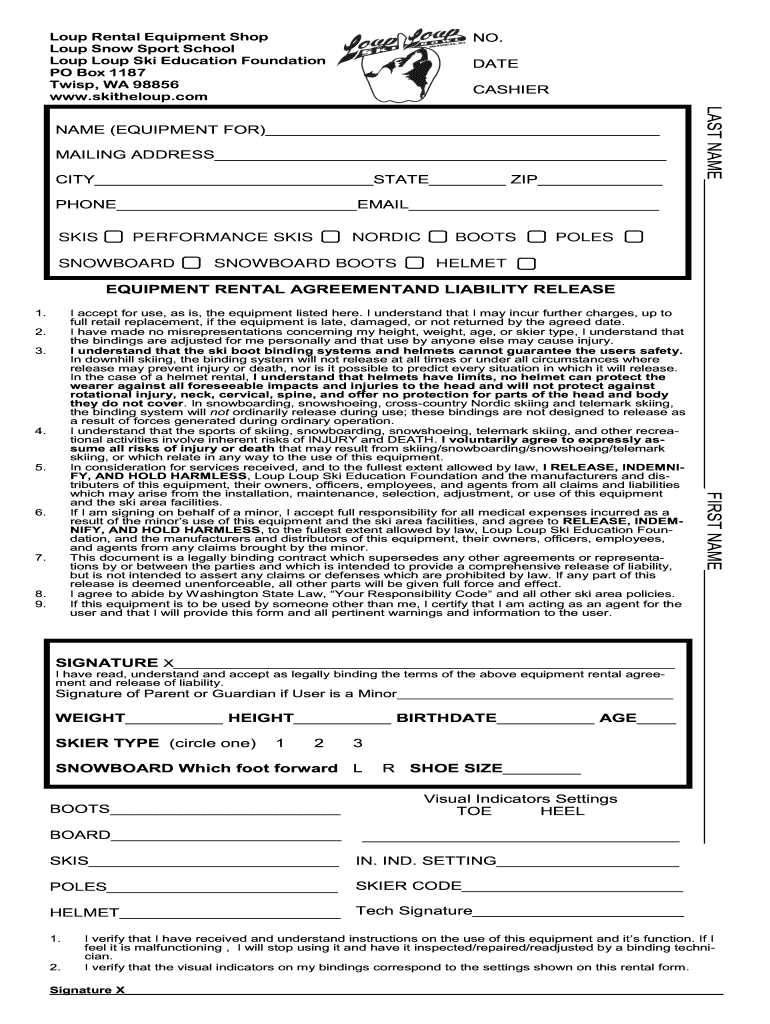 Rental Equipment Liability Release Form Loup Loup Ski Bowl