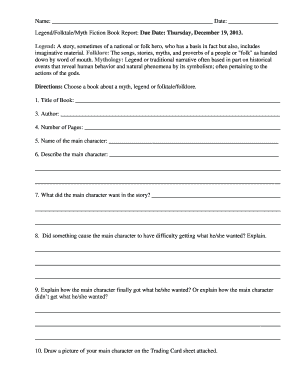 LegendFolktaleMyth Fiction Book Report  Form