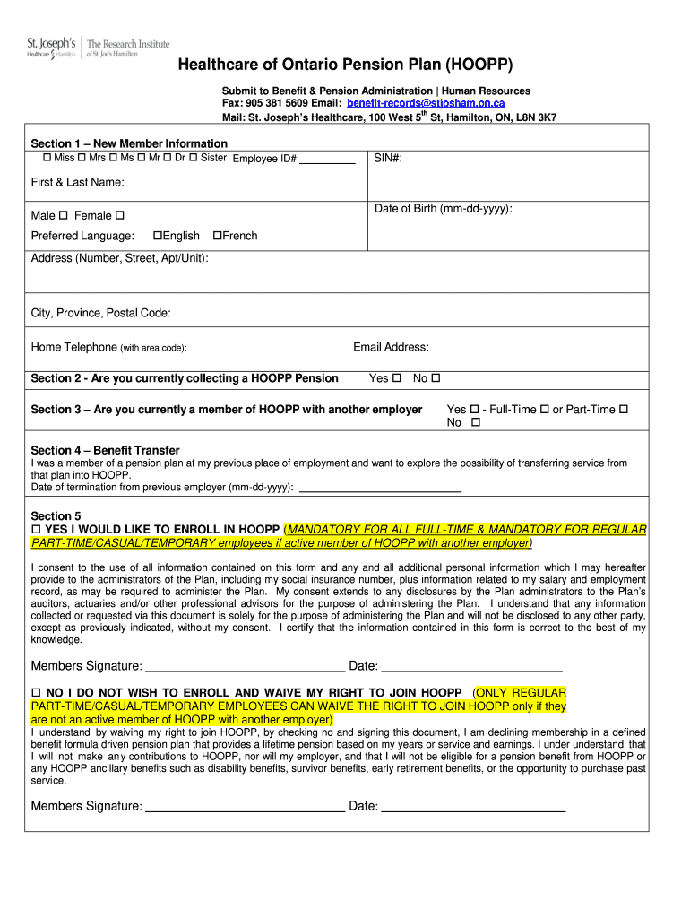 Healthcare of Ontario Pension Plan HOOPP  St Joseph's  Form