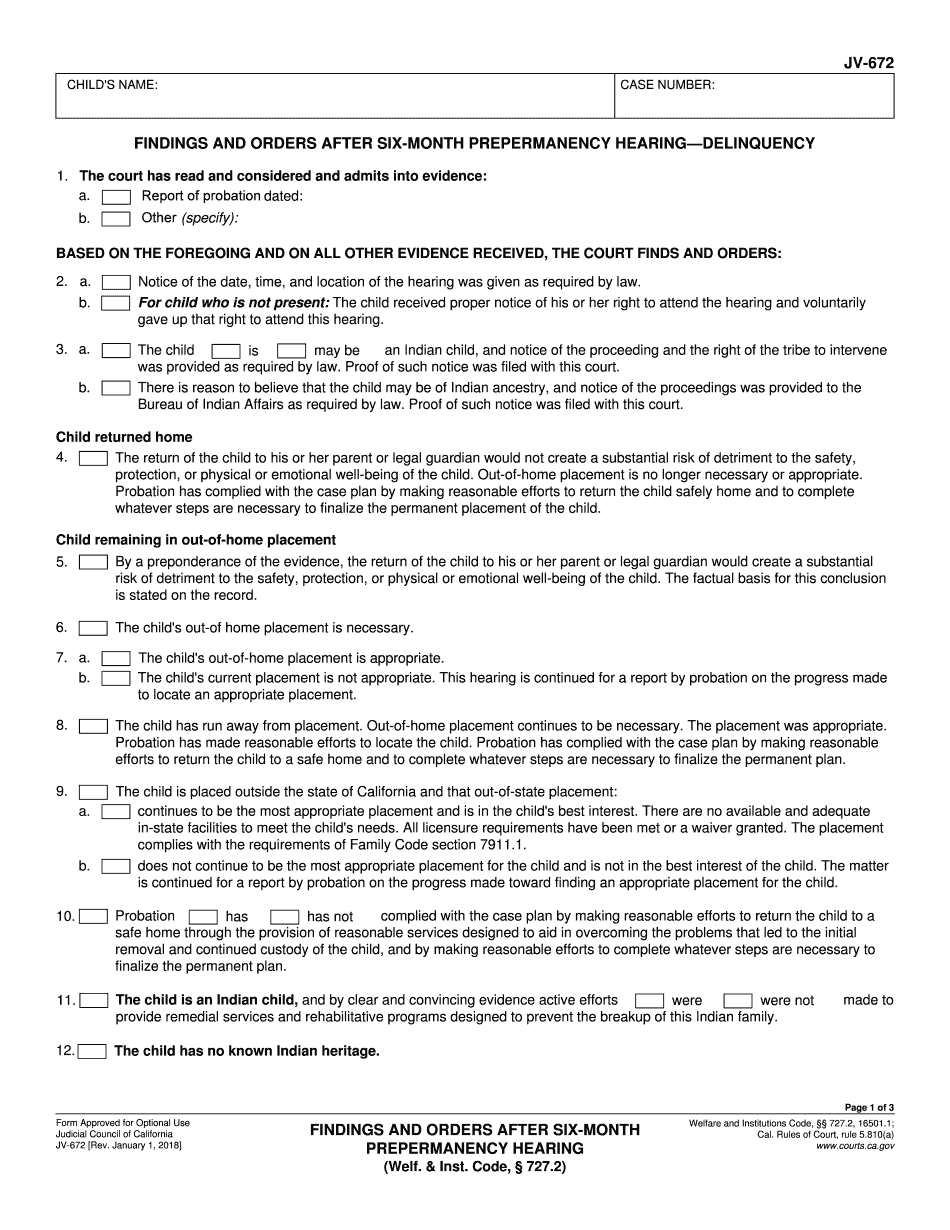  JV 672 Findings and Orders After Six Month Prepermanency HearingDelinquency Judicial Council Forms 2018-2024