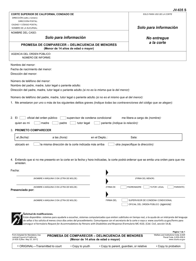  JV 635 S Promise to Appear Juvenile California Courts 2017-2024