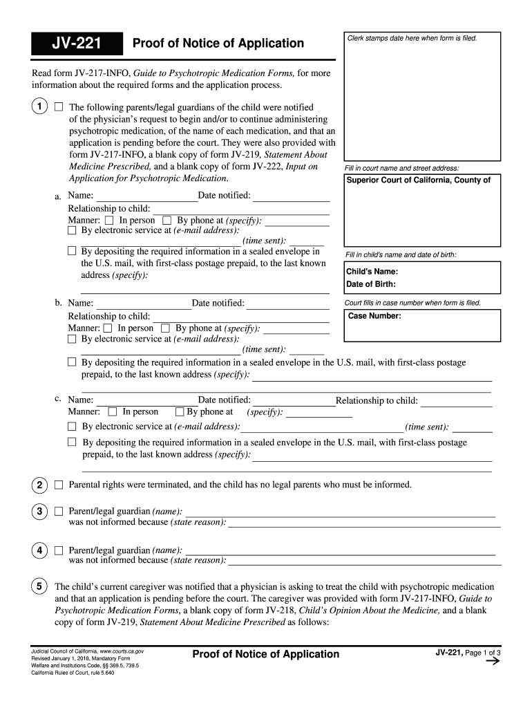  JV 221 Proof of Notice of Application Judicial Council Forms 2018