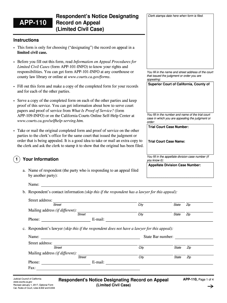  APP 110 Respondent's Notice Designating    California Courts 2017