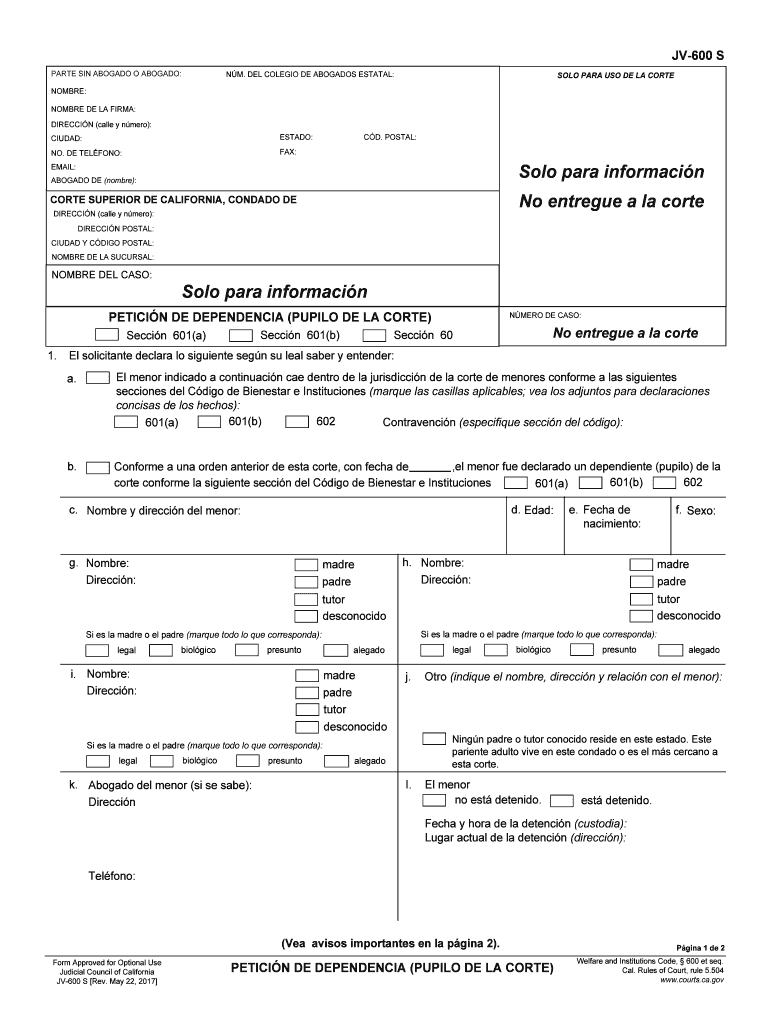  JV 600 S Juvenile Wardship Petition Spanish Judicial Council Forms 2017