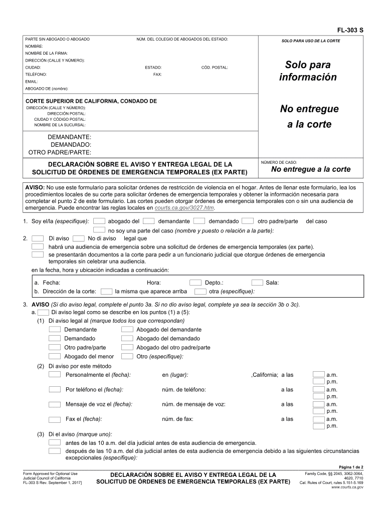  FL 303 S Declaration Regarding Notice and Service of Request for Temporary Emergency Ex Parte Orders Spanish Judicial Council Fo 2017-2024