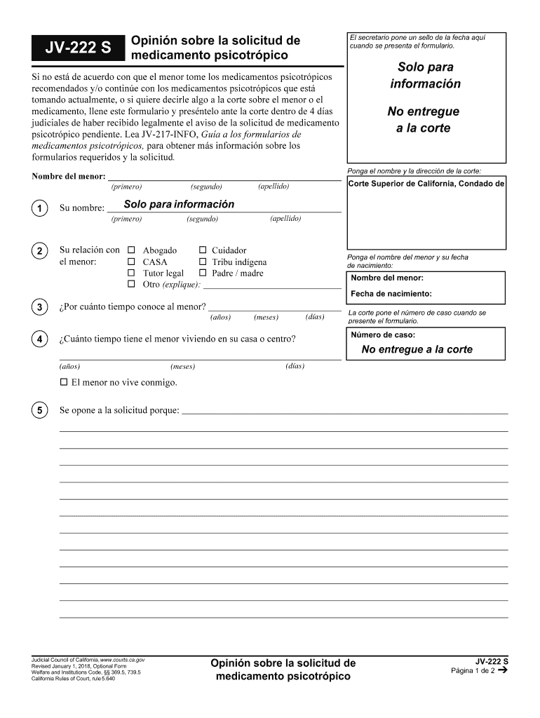  JV 222 Input on Application for Psychotropic California Courts 2018-2024