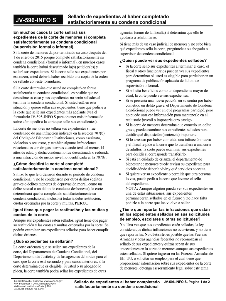  JV 596 INFO S Sealing of Records for    California Courts 2017