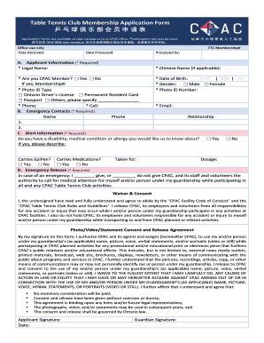 Table Tennis Club Membership Application Form ? ? ? ? ? ? ?