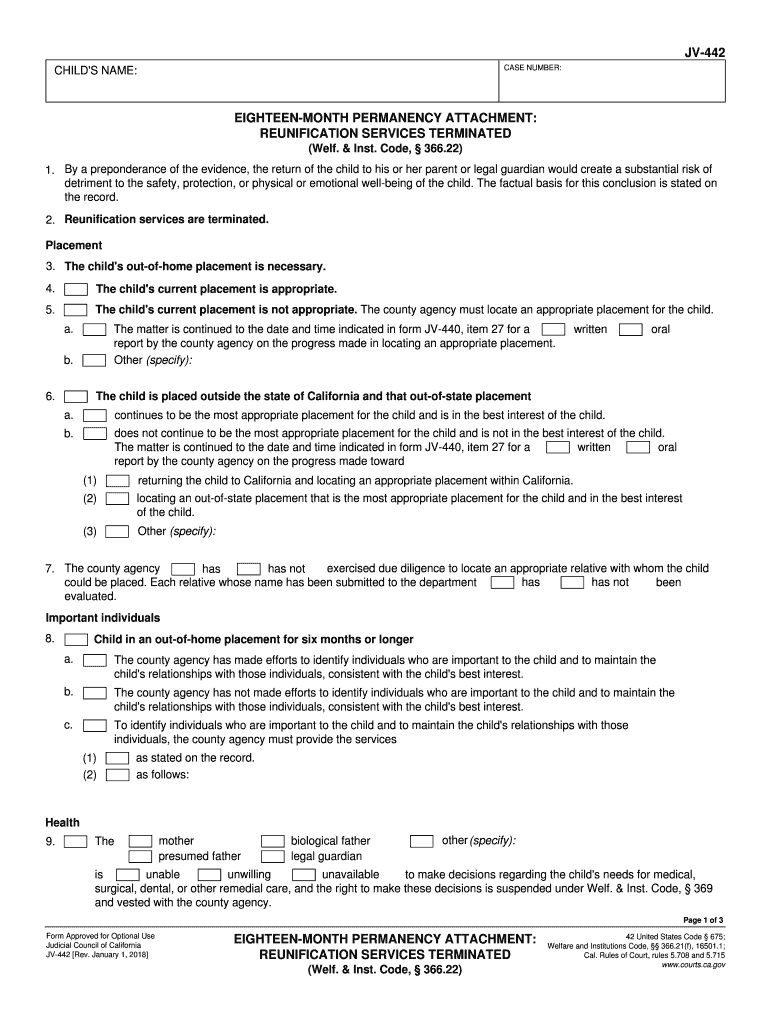  JV 442 Eighteen Month Permanency Attachment Judicial Council Forms 2018-2024