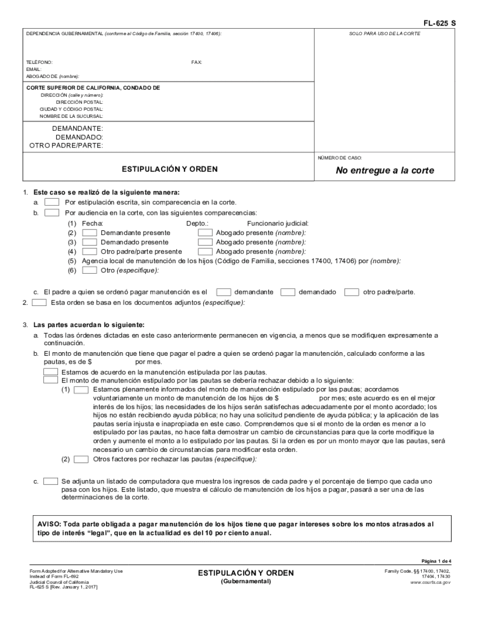  FL 625 S Stipulation and Order Spanish Judicial Council Forms 2017