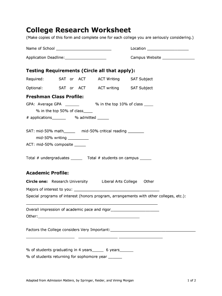 College Research Worksheet for High School  Form