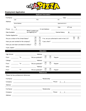Big Cheese Pizza Employment Application  Form