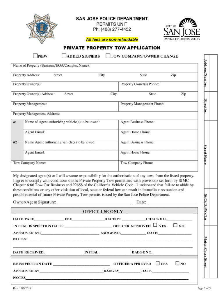 Private Property Tow Application San Jose Police Department  Form