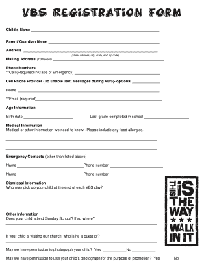 VBS Registration Form Ridgedale Baptist Church