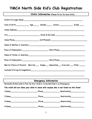 YMCA Kids Club Registration Form Randolph County YMCA