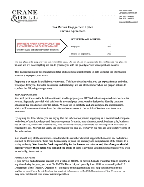 Tax Return Engagement Letter Service Agreement Crane and Bell  Form