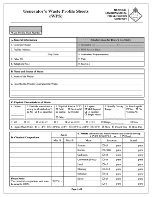 Generator&#039;s Waste Profile Sheets WPS  Form