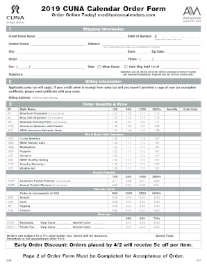  CUNA Calendar Order Form Credit Union Calendars 2019