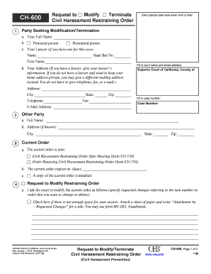 CH 600 Request to ModifyTerminate Civil Harassment Restraining Order Fillable Editable and Saveable California Judicial Council   Form