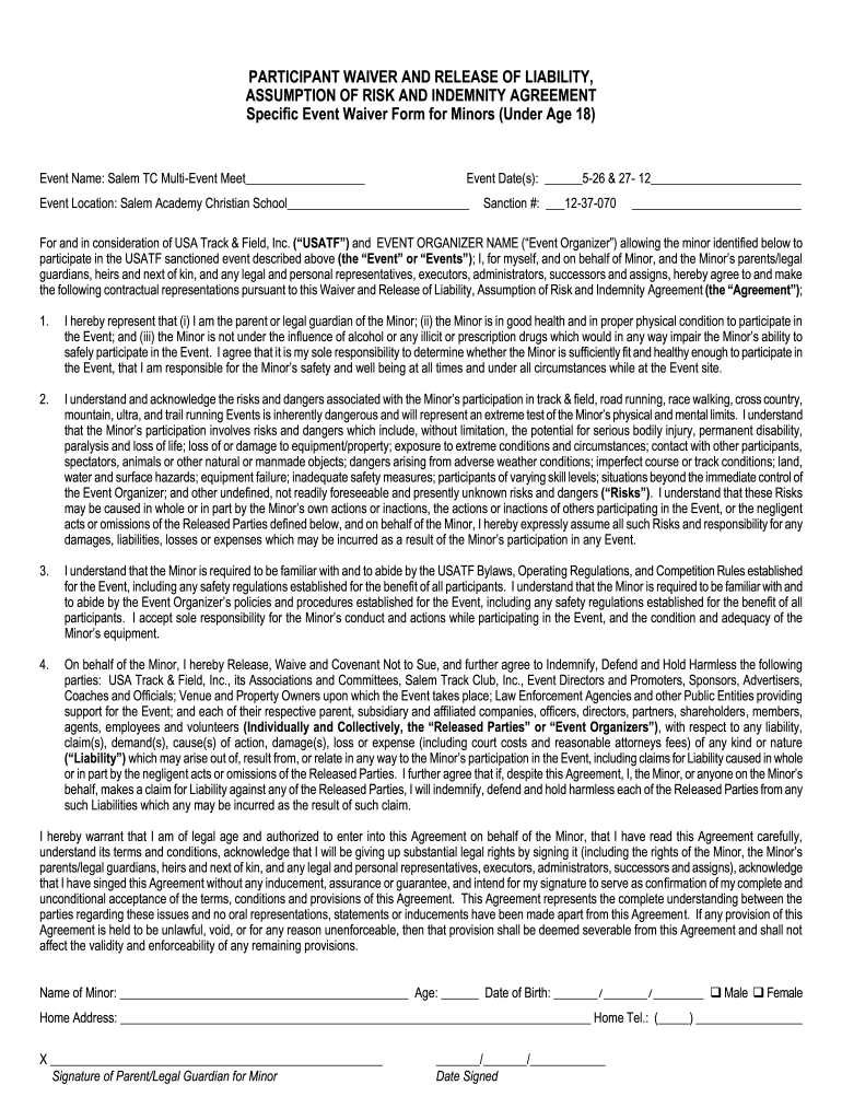 USATF Minor Waiver Form Specific Events Salem Track Club