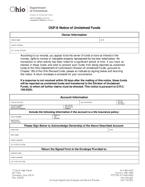  OUF 8 Notice of Unclaimed Funds Ohio Department of Commerce 2018-2024