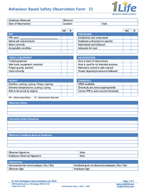 Behavior Based Safety Observation Checklist XLS  Form