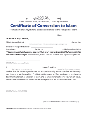 Certificate of Conversion to Islam  Form