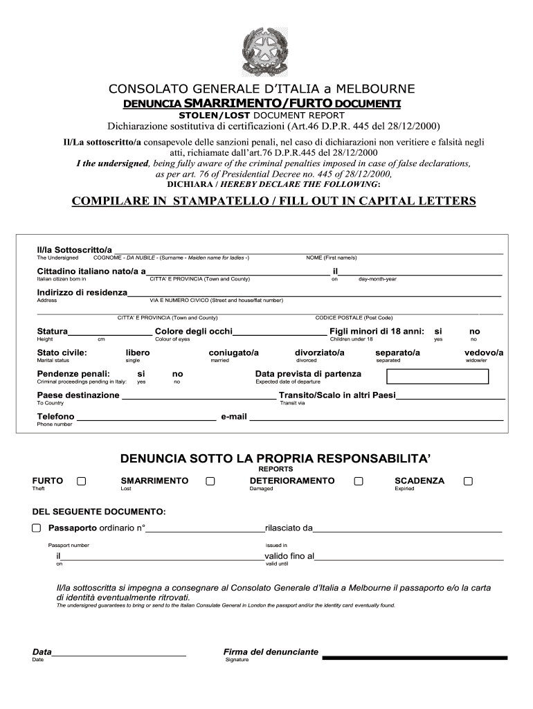 Denuncia Di Smarrimento O Furto Del Passaporto Consolato  Form
