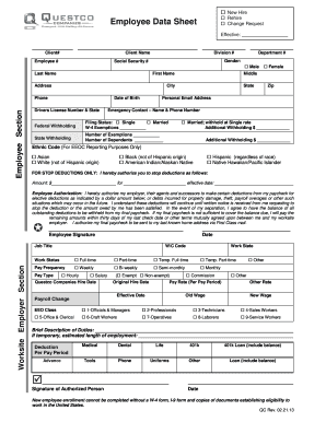 New Hire Employee Data Sheet Questco  Form