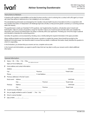 Toronto, on M2N 7J8 Advisor Screening  Form