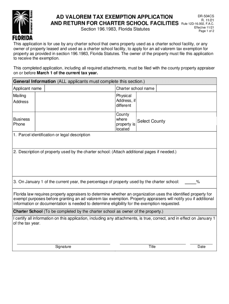 AD VALOREM TAX EXEMPTION APPLICATION, CHARTER SCHOOL FACILITY  Form