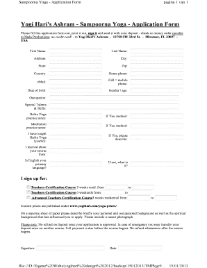 Yogi Hari&#039;s Ashram Sampoorna Yoga Application Form
