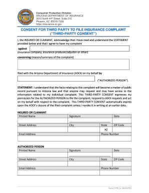  CONSENT for THIRD PARTY to FILE INSURANCE COMPLAINT 2017