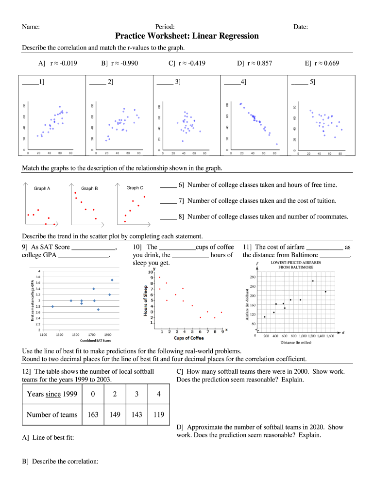 Practice with Linear Regression Worksheet Answers  Form
