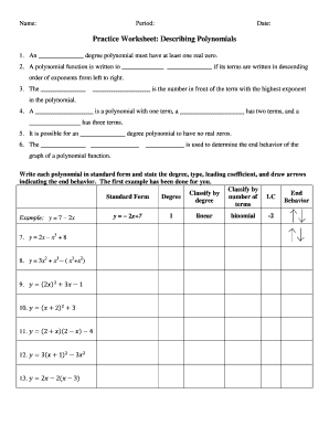 Practice Worksheet Describing Polynomials Answer Key  Form