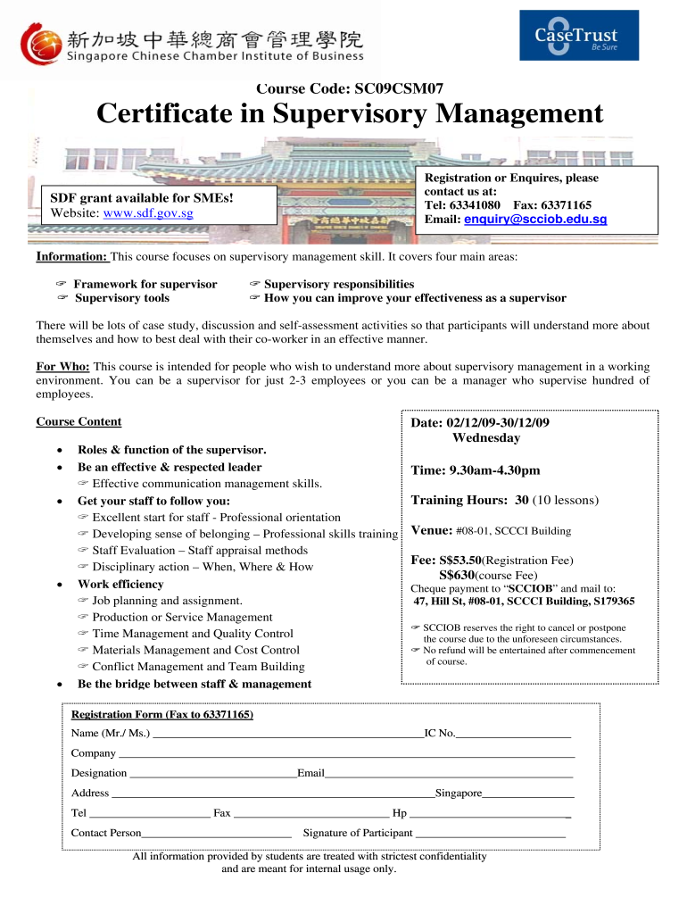  Certificate in Supervisory Management  SCCIOB 2009-2024