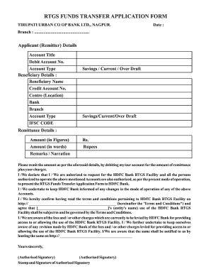 RTGS Funds Cdr Tirupati Urban Bank  Form