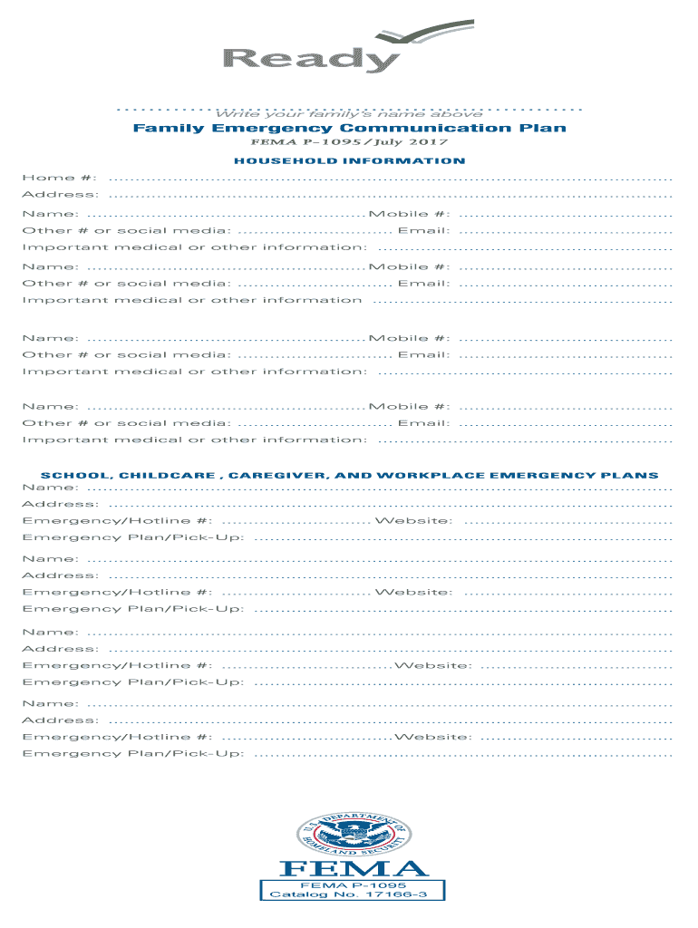 Family Emergency Communication Plan Fillable Card  Form