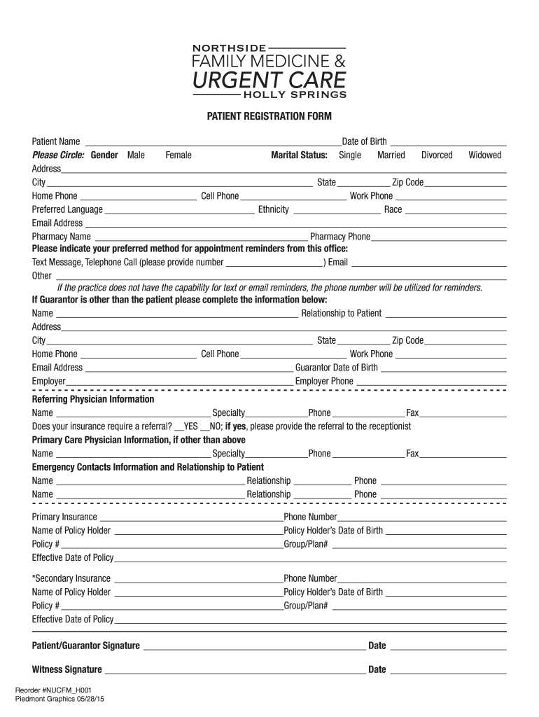  Patient Registration Form Northside Family Medicine and Urgent Care 2015