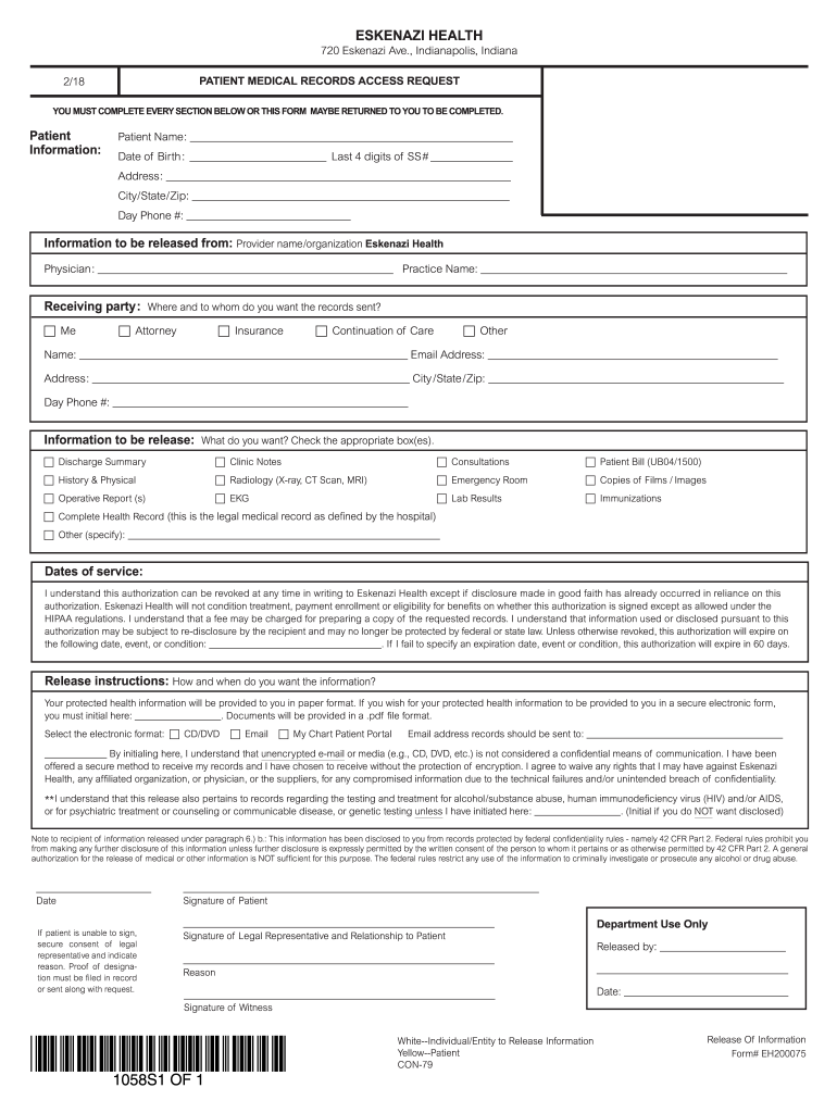Eskenazi Hospital Medical Records  Form