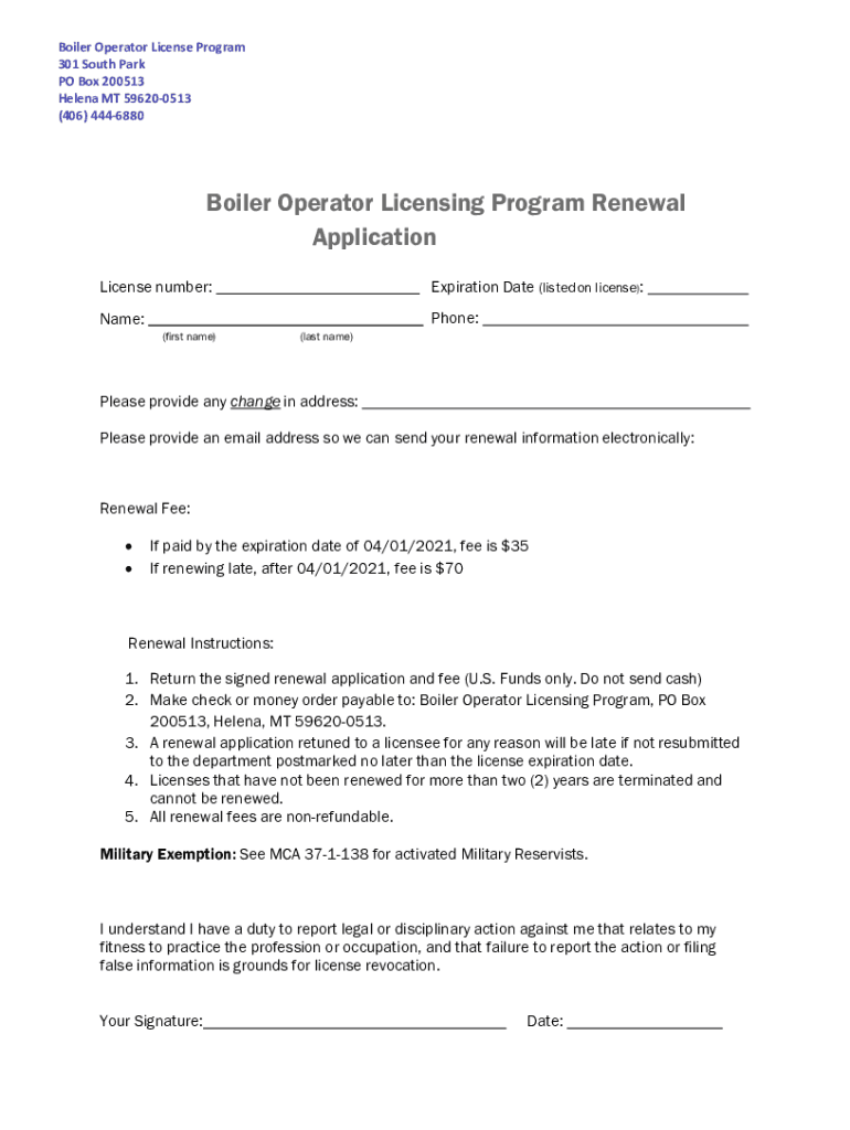  RENEWAL APPLICATION License No Your Montana Boiler 2019-2024