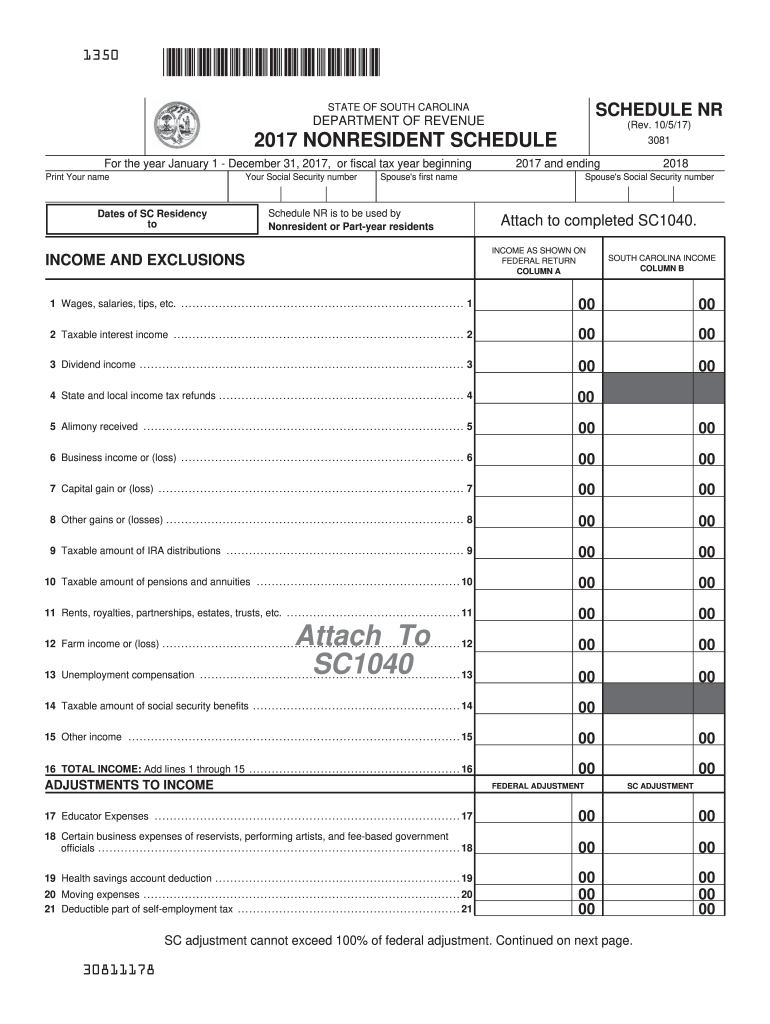  Sc 1040 Schedule Nr  Form 2017